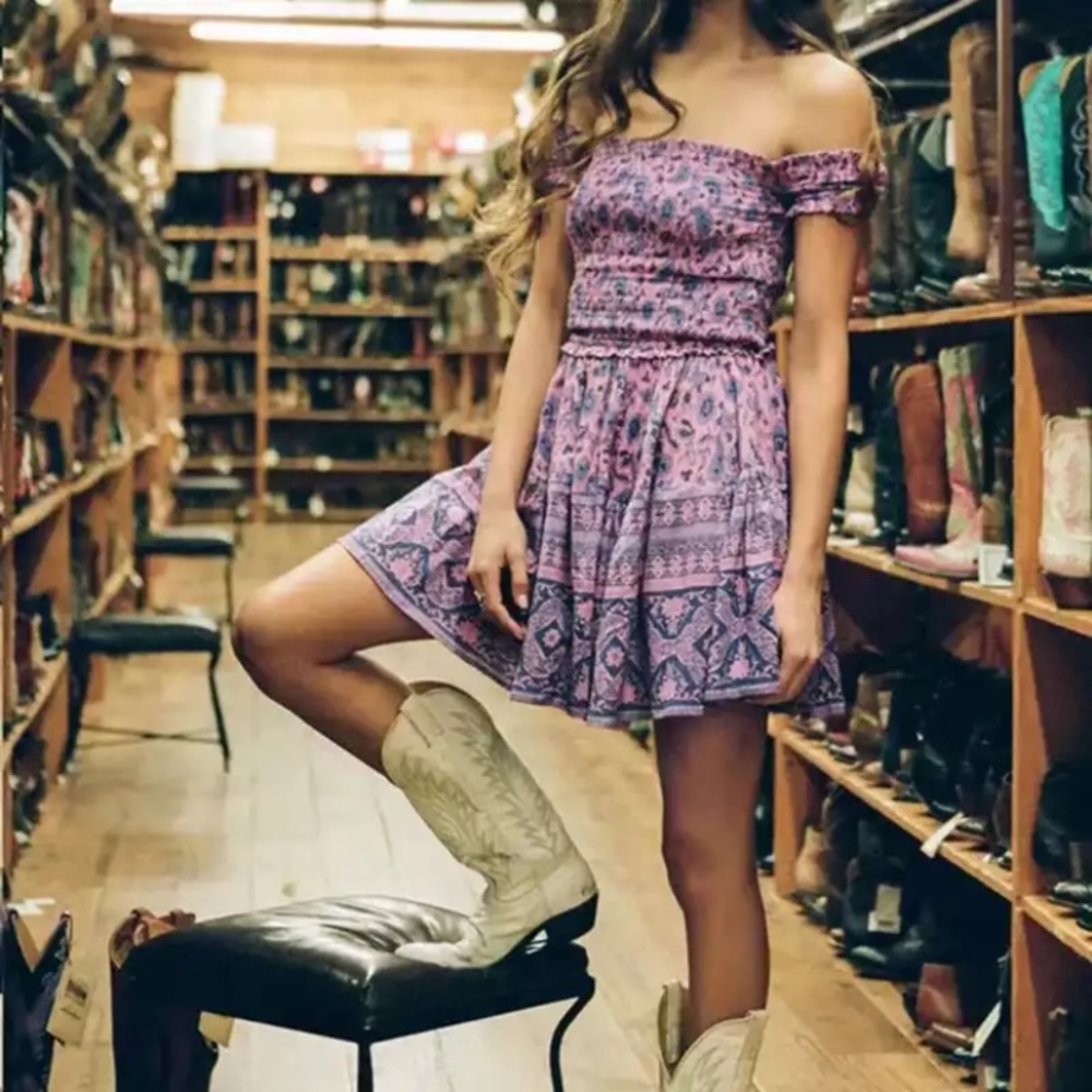 Purple Pink Floral Smocked Boho Off Shoulder Dress - Picture 3 of 8